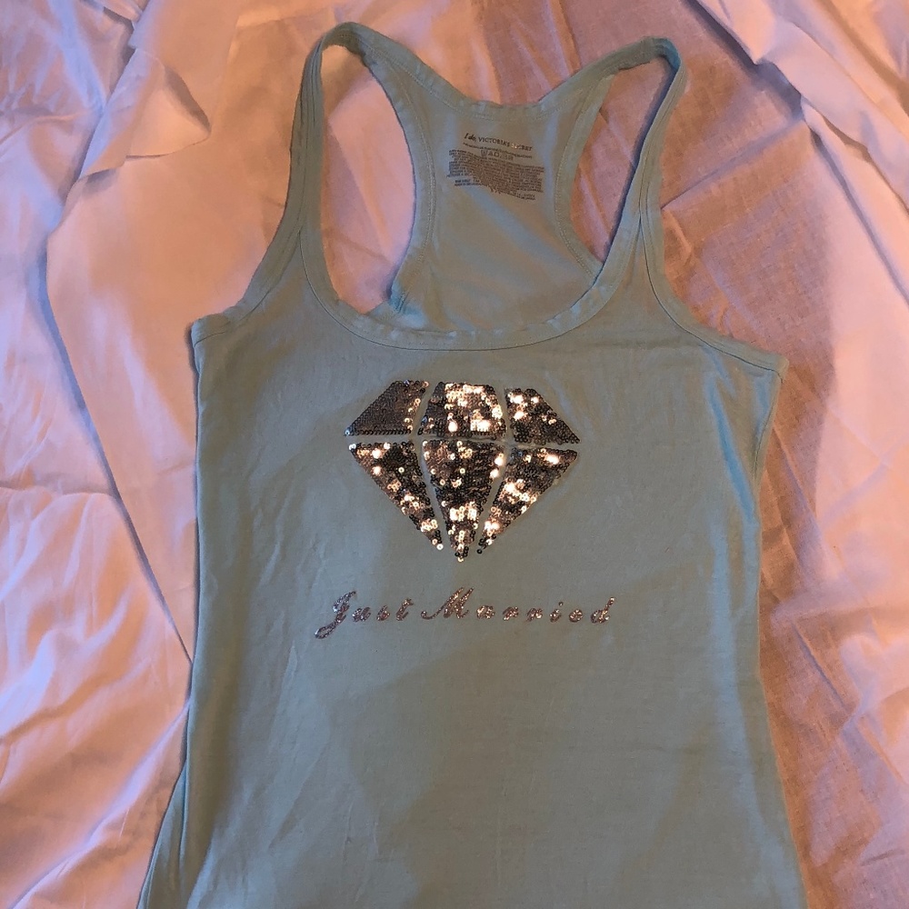 "Just Married" diamond sequin and blue tank